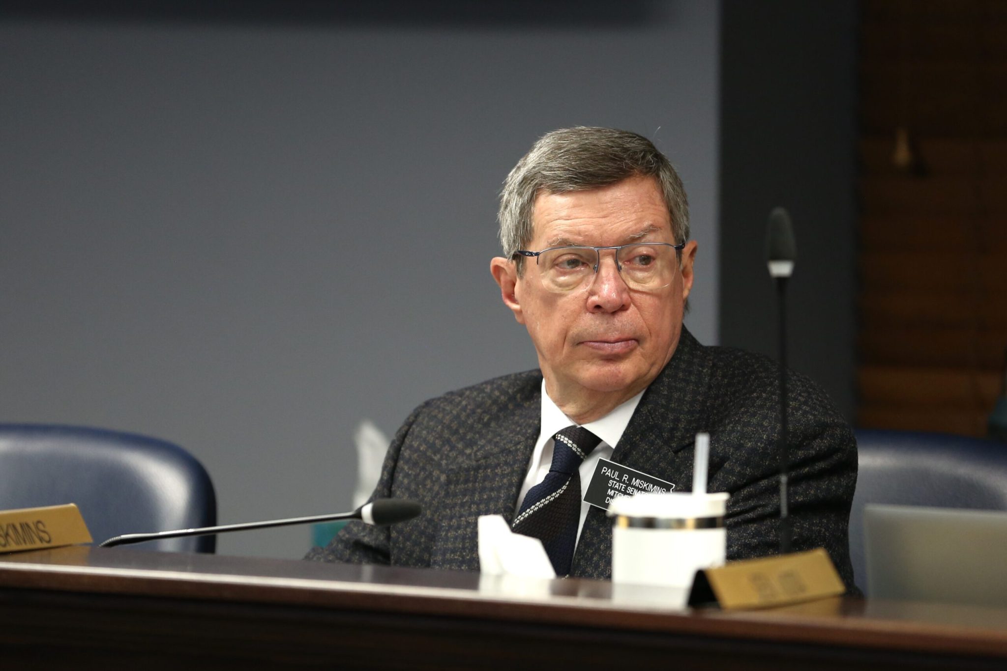 Sen. Paul Miskimins, R-Mitchell, listens to a speaker during the Joint Committee on Appropriations on Jan. 21, 2025. (Makenzie Huber/South Dakota Searchlight)