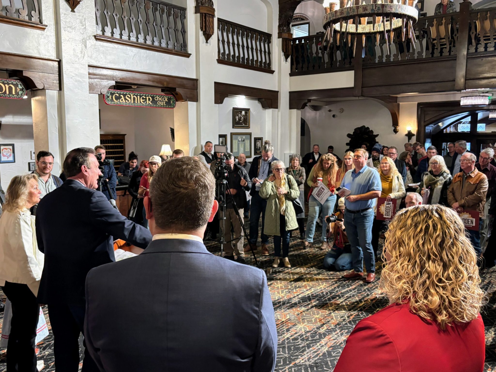 South Dakota Gov. Larry Rhoden speaks to supporters and the media on Nov. 18, 2025, at the Hotel Alex Johnson in Rapid City, South Dakota, while announcing his intention to seek the 2026 Republican nomination for governor. (Photo by Seth Tupper/South Dakota Searchlight)