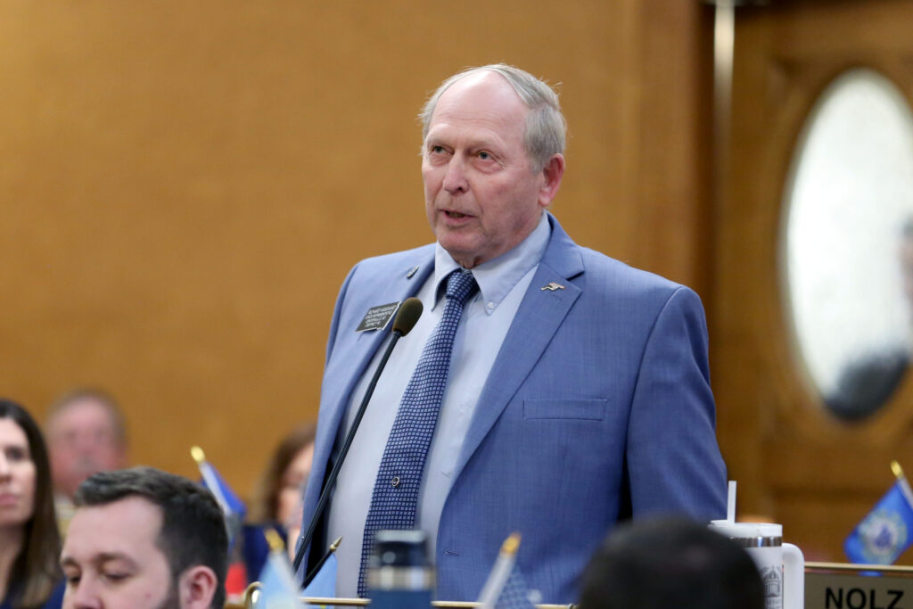 State Rep. Richard Vasgaard, R-Centerville, speaks on the South Dakota House floor during the 2025 legislative session. (Makenzie Huber/South Dakota Searchlight)
