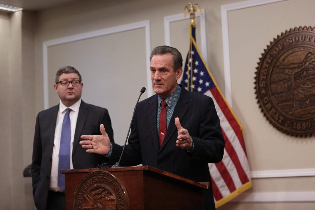 South Dakota Republican Gov. Larry Rhoden speaks during a press conference Feb. 6, 2025, at the Capitol in Pierre with Lt. Gov. Tony Venhuizen. (Seth Tupper/South Dakota Searchlight)