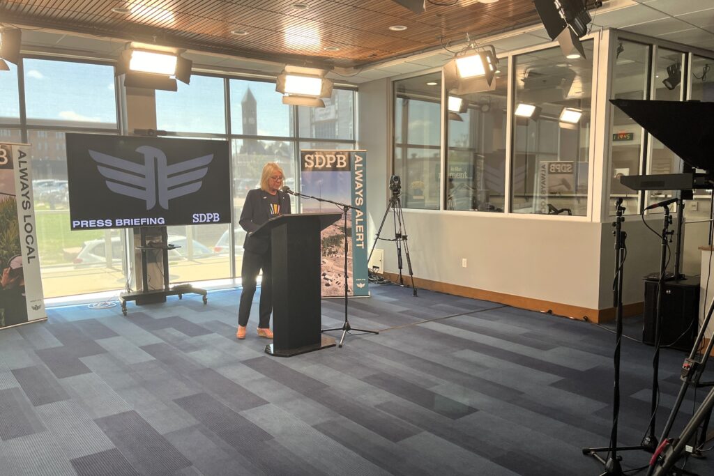 South Dakota Public Broadcasting Executive Director Julie Overgaard holds a press conference at the Sioux Falls SDPB studio on Aug. 21, 2025. (Makenzie Huber/South Dakota Searchlight)