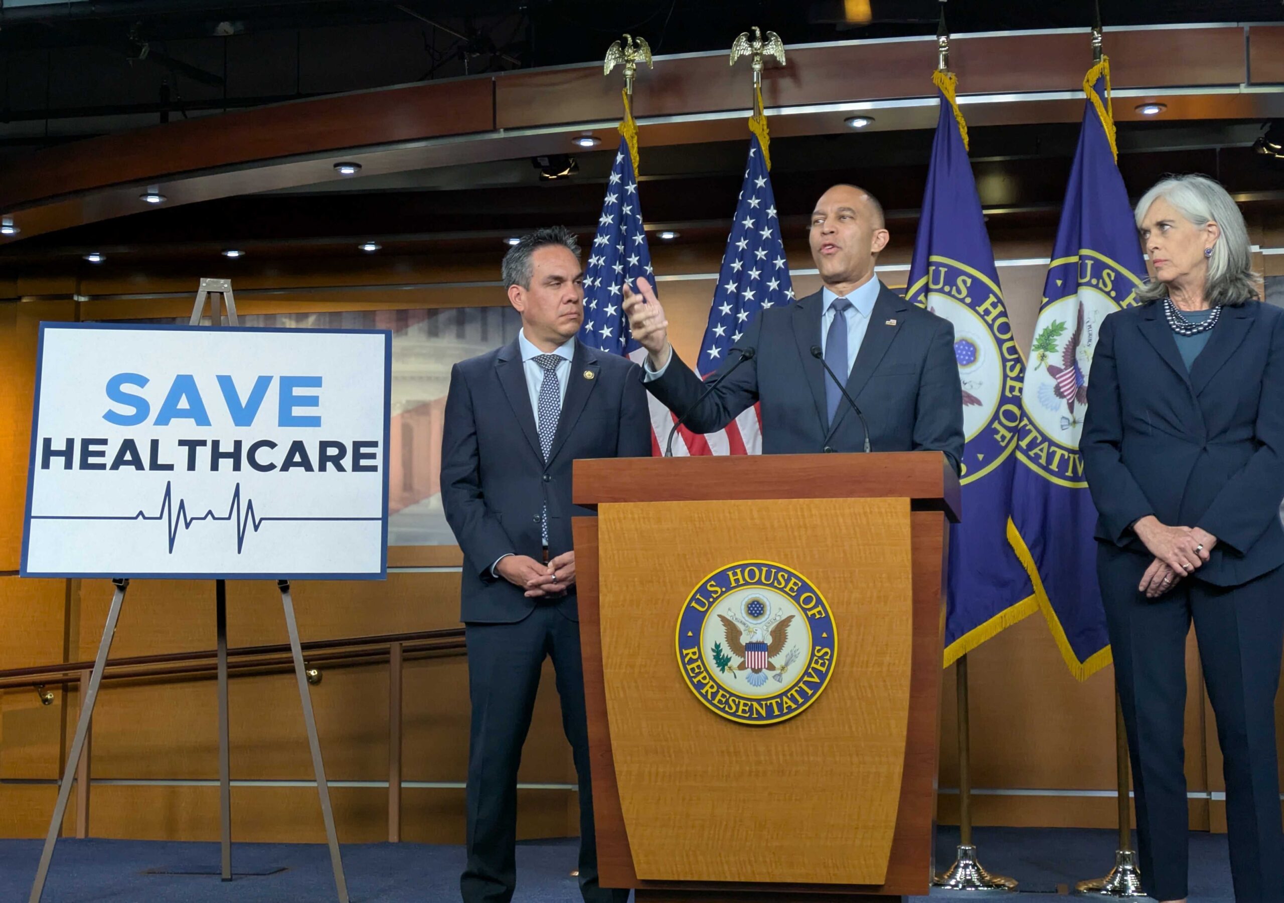 House Democratic Caucus Chair Pete Aguilar, House Minority Leader Hakeem Jeffries and House Democratic Whip Katherine Clark spoke to reporters Wednesday, Oct. 22, 2025. (Photo by Ashley Murray/States Newsroom)