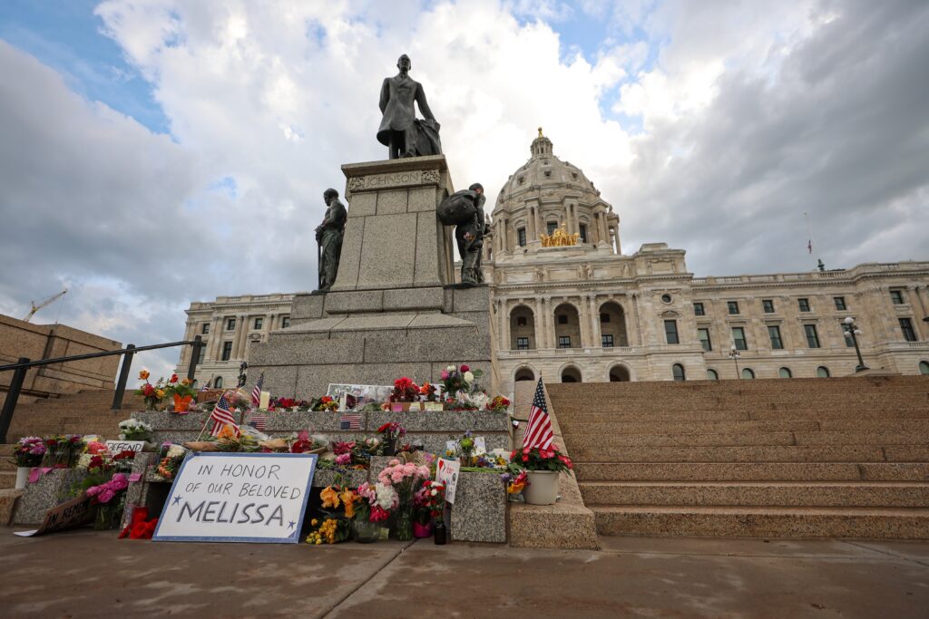 A makeshift memorial for DFL State Rep. Melissa Hortman and her husband, Mark Hortman, is seen at the Minnesota State Capitol building on June 16, 2025 in St. Paul, Minnesota. (Photo by Steven Garcia/Getty Images)
