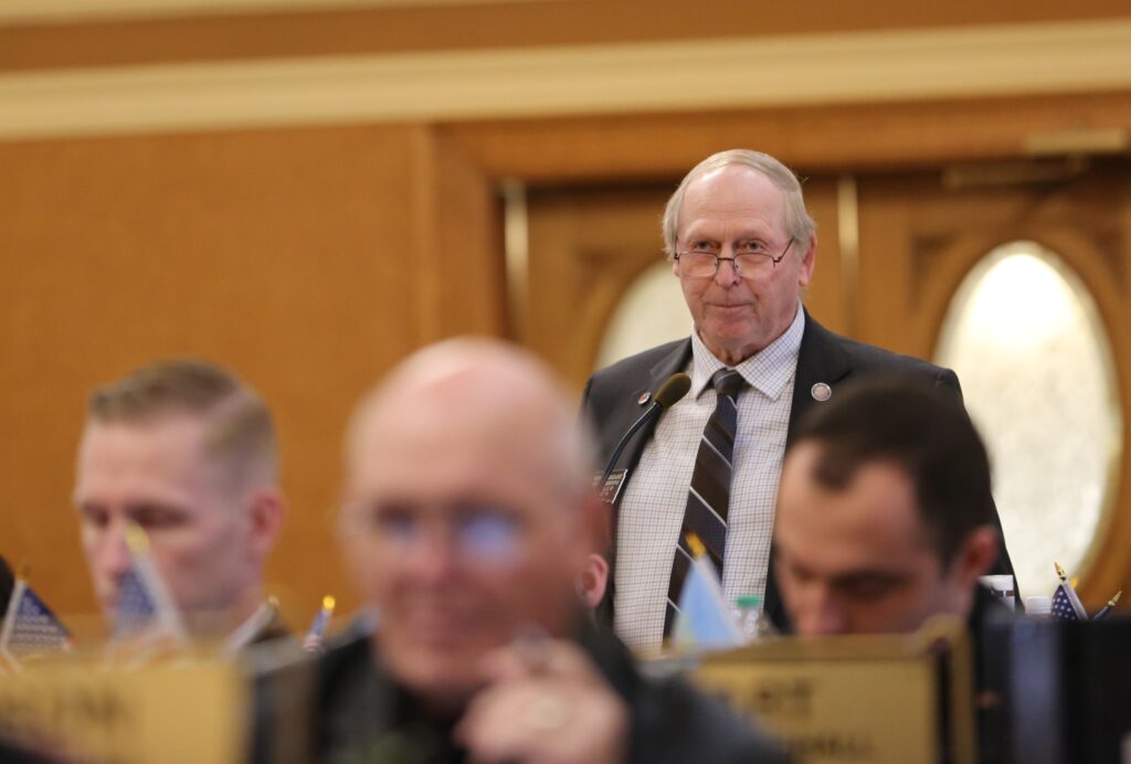 Rep. Richard Vasgaard, R-Centerville, speaks to lawmakers on the South Dakota House floor in Pierre on Feb. 25, 2025. (Joshua Haiar/South Dakota Searchlight)