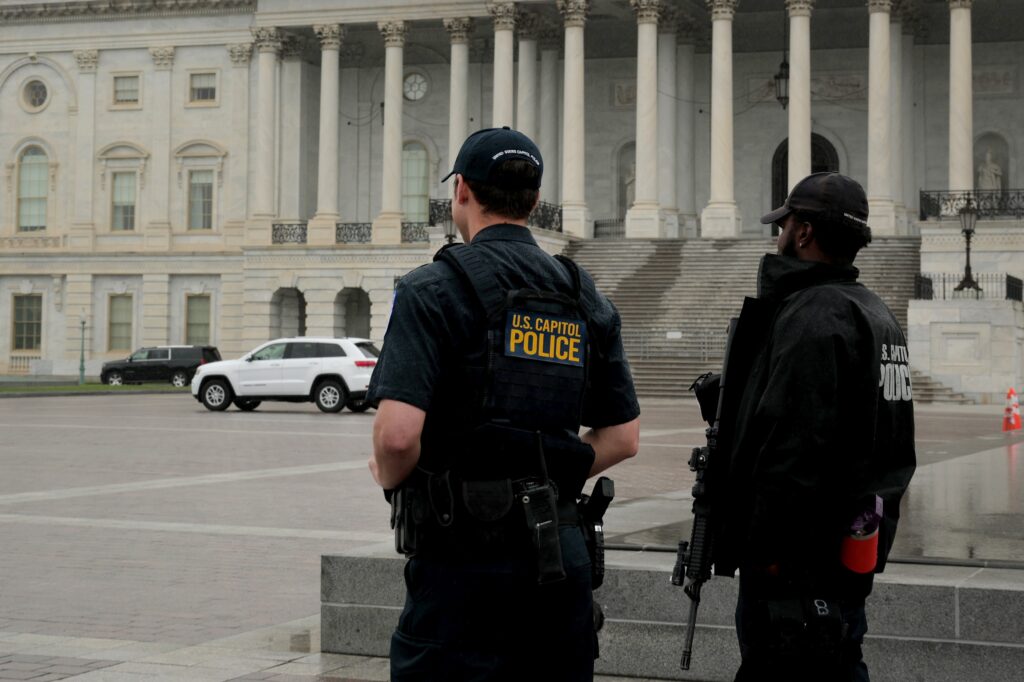 U.S. Capitol Police officers stand guard outside of the U.S. Capitol on June 16, 2025 in Washington, D.C. (Photo by Anna Moneymaker/Getty Images)