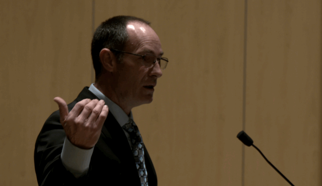 Jeffry Beck, a lawyer out of Sioux Falls, presents his oral argument to justices on the South Dakota Supreme Court on March 18, 2026 at Augustana University in Sioux Falls. (Courtesy of KELOLAND media)