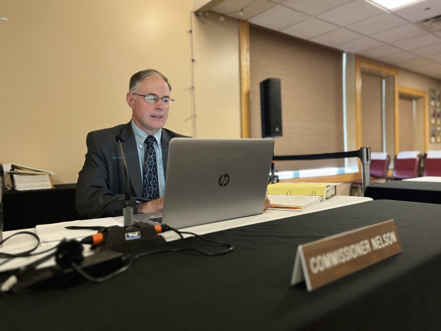 Public Utilities Commissioner Chris Nelson participates in a hearing July 25, 2023, in Fort Pierre on a permit application for the proposed Heartland Greenway carbon dioxide pipeline. (Joshua Haiar/South Dakota Searchlight)