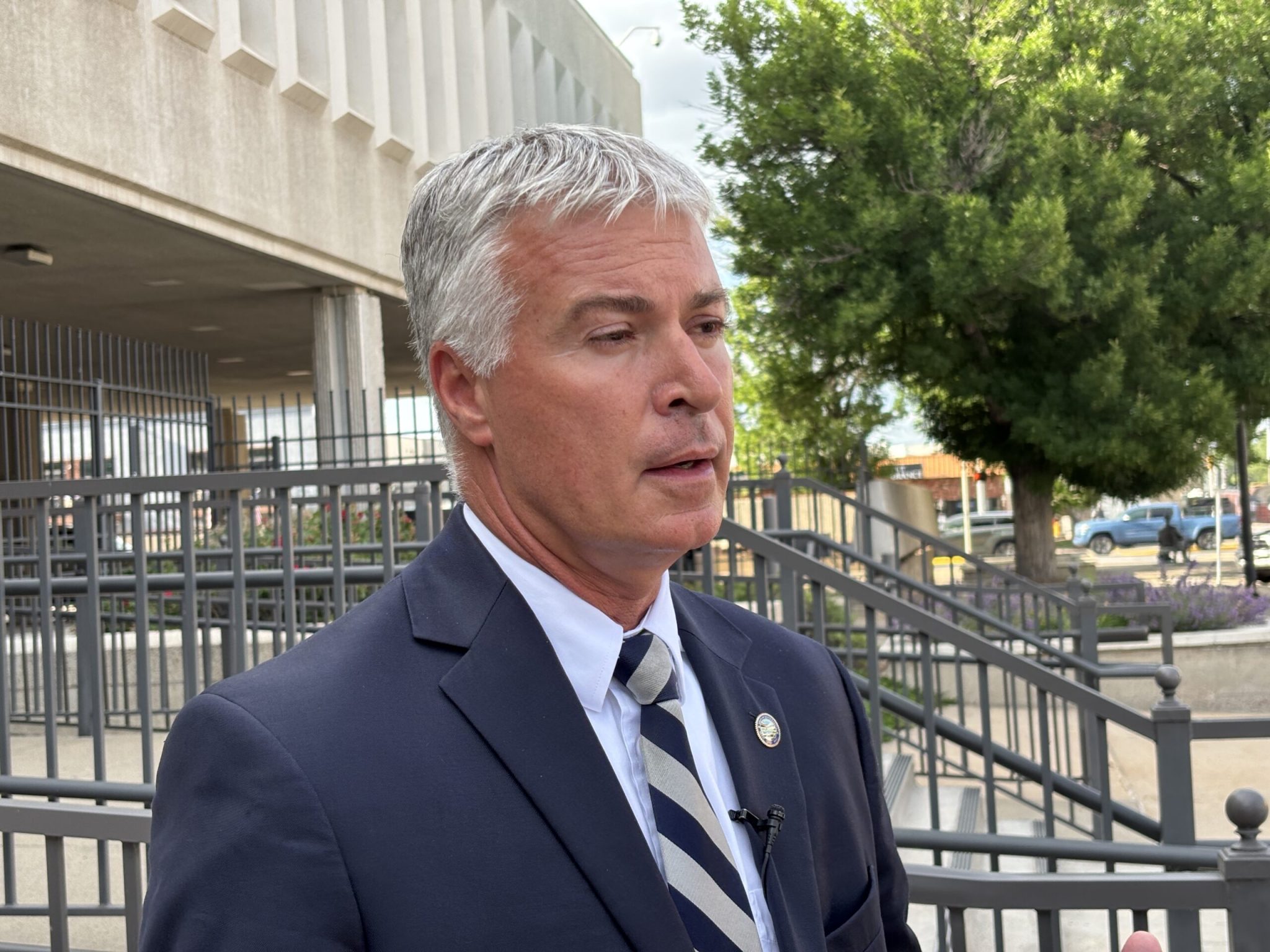 South Dakota Attorney General Marty Jackley talks to reporters on June 23, 2026, outside the federal courthouse in Rapid City. (Photo by Seth Tupper/South Dakota Searchlight)