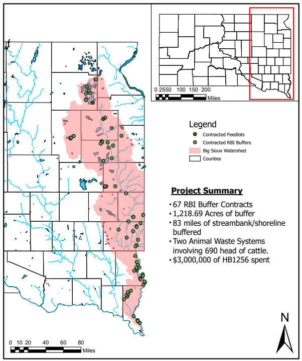 A map shows the Big Sioux River watershed in South Dakota and the location of projects within it to improve water quality, funded by a $3 million state program. Projects included feedlot waste containment systems and vegetative buffer strips along lakes and streambanks. (Image courtesy of South Dakota Department of Agriculture and Natural Resources)
