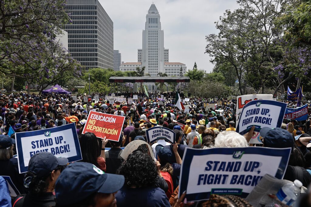 Union members and supporters rally in Grand Park calling for the release of union leader David Huerta, who was arrested during an immigration enforcement action on June 9, 2025 in Los Angeles, California. (Photo by Mario Tama/Getty Images)