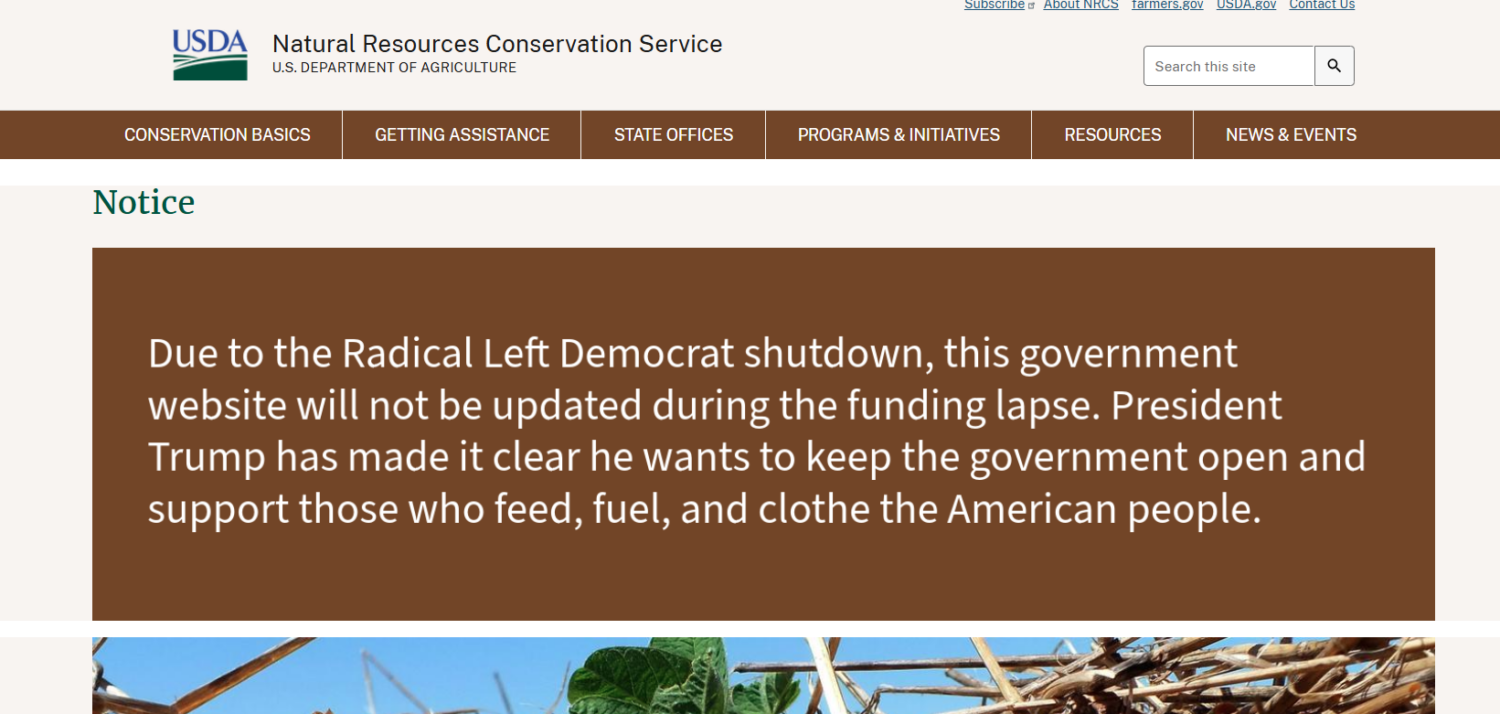 The website of the Natural Resources Conservation Service displayed this message on Oct. 1, 2025, the first day of a federal government shutdown.