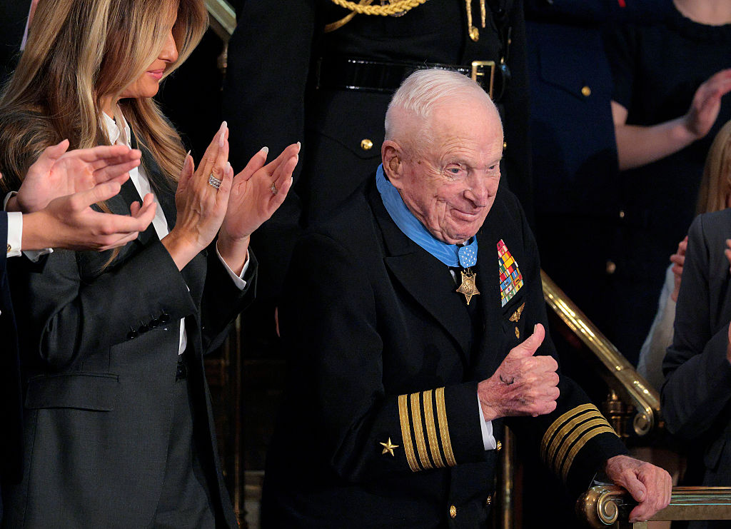 Retired Navy Capt. E. Royce Williams acknowledges applause after receiving the Medal of Honor during President Donald Trump's State of the Union address at the U.S. Capitol on Feb. 24, 2026, in Washington, D.C. (Photo by Chip Somodevilla/Getty Images)