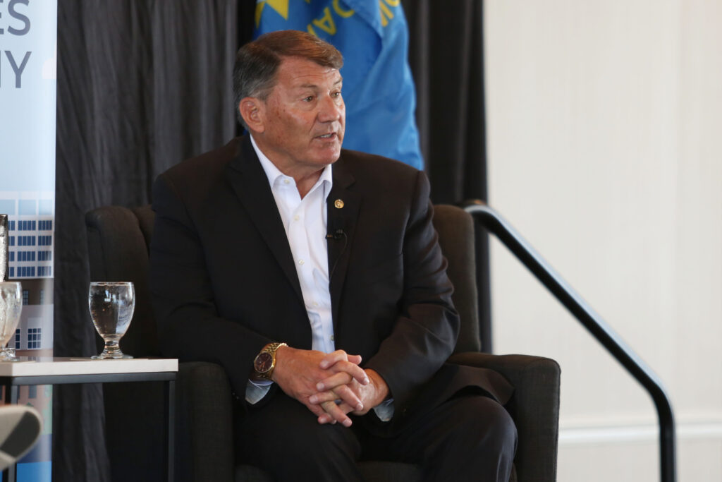 U.S. Sen. Mike Rounds, R-South Dakota, answers questions during a Greater Sioux Falls Chamber of Commerce event on Aug. 28, 2025. (Makenzie Huber/South Dakota Searchlight)