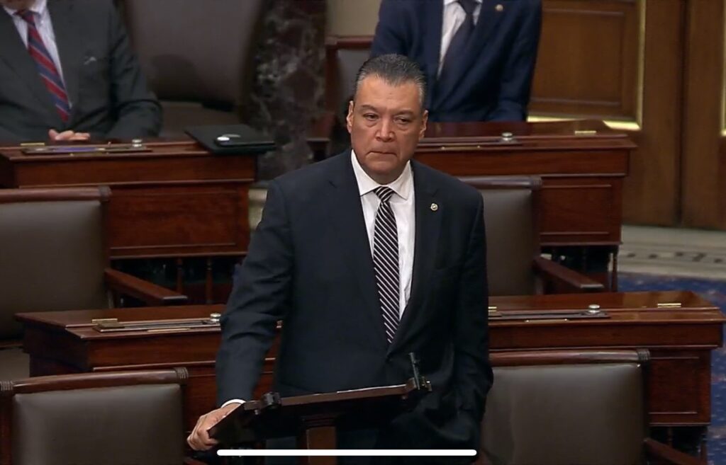 U.S. Sen. Alex Padilla, a California Democrat, speaks on the Senate floor on June 17, 2025, about how he was forcibly removed from a press conference with the secretary of Homeland Security. (Screenshot from Senate webcast)