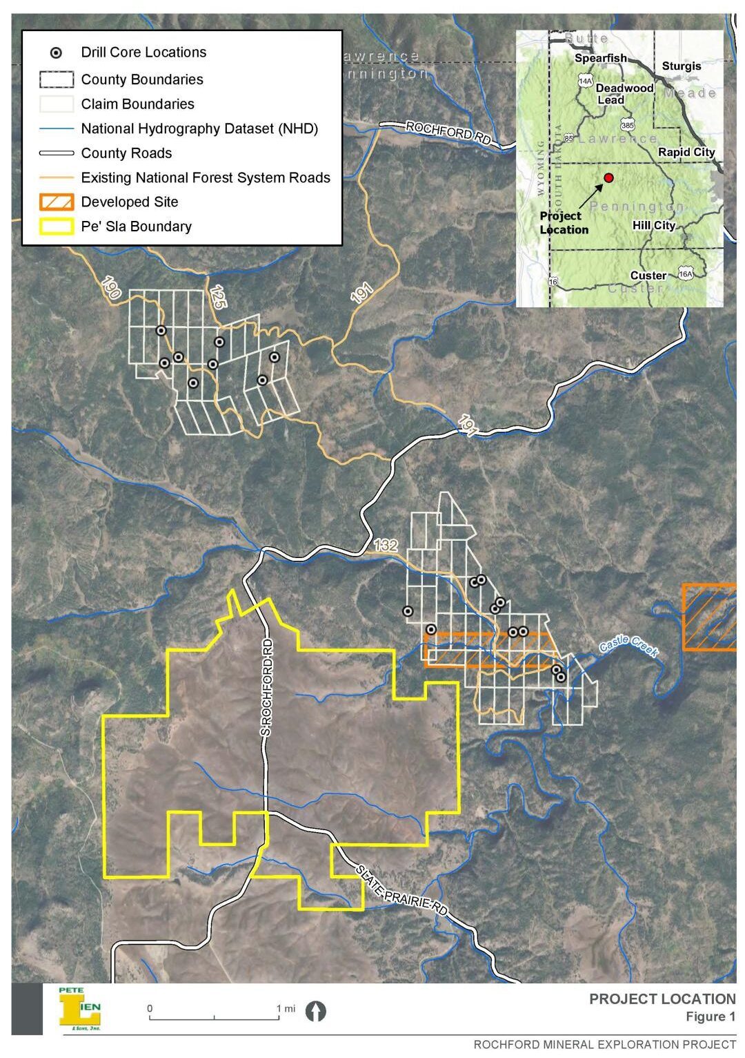 A map included in court documents shows the high mountain meadow known as Pe' Sla in South Dakota's Black Hills, and the locations of proposed exploratory graphite drilling. 
