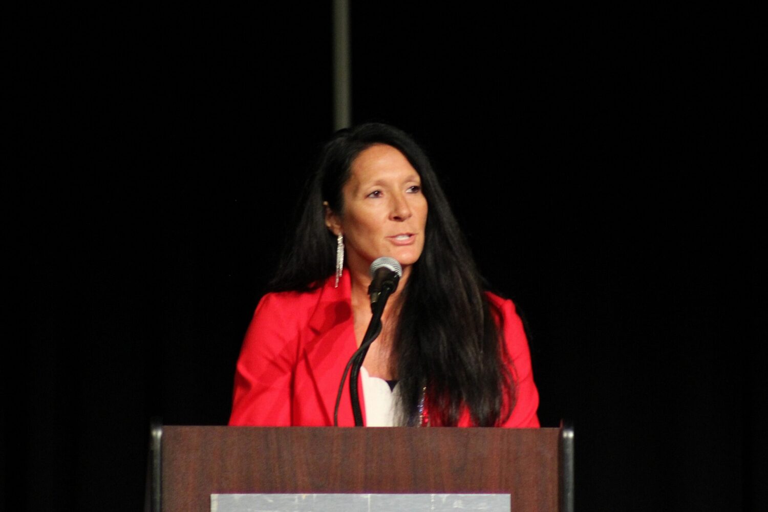 Heather Baxter addresses the state Republican convention on June 27, 2026, at The Monument events center in Rapid City just prior to winning the party's nomination for secretary of state. (Photo by Seth Tupper/South Dakota Searchlight)