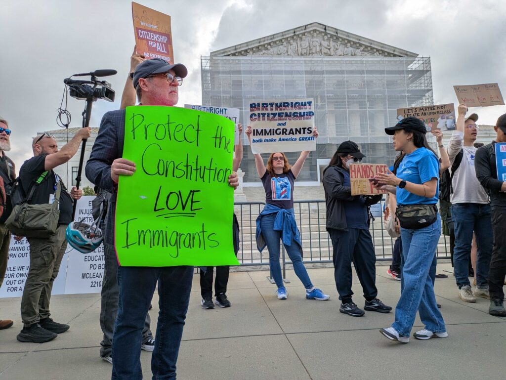 Rev. Patrick Mahoney, director of the Christian Defense Coalition, joined demonstrators outside the U.S. Supreme Court on Thursday, May 15, 2025, to protest the Trump administration's effort to strip birthright citizenship from the Constitution. (Photo by Ashley Murray/States Newsroom)