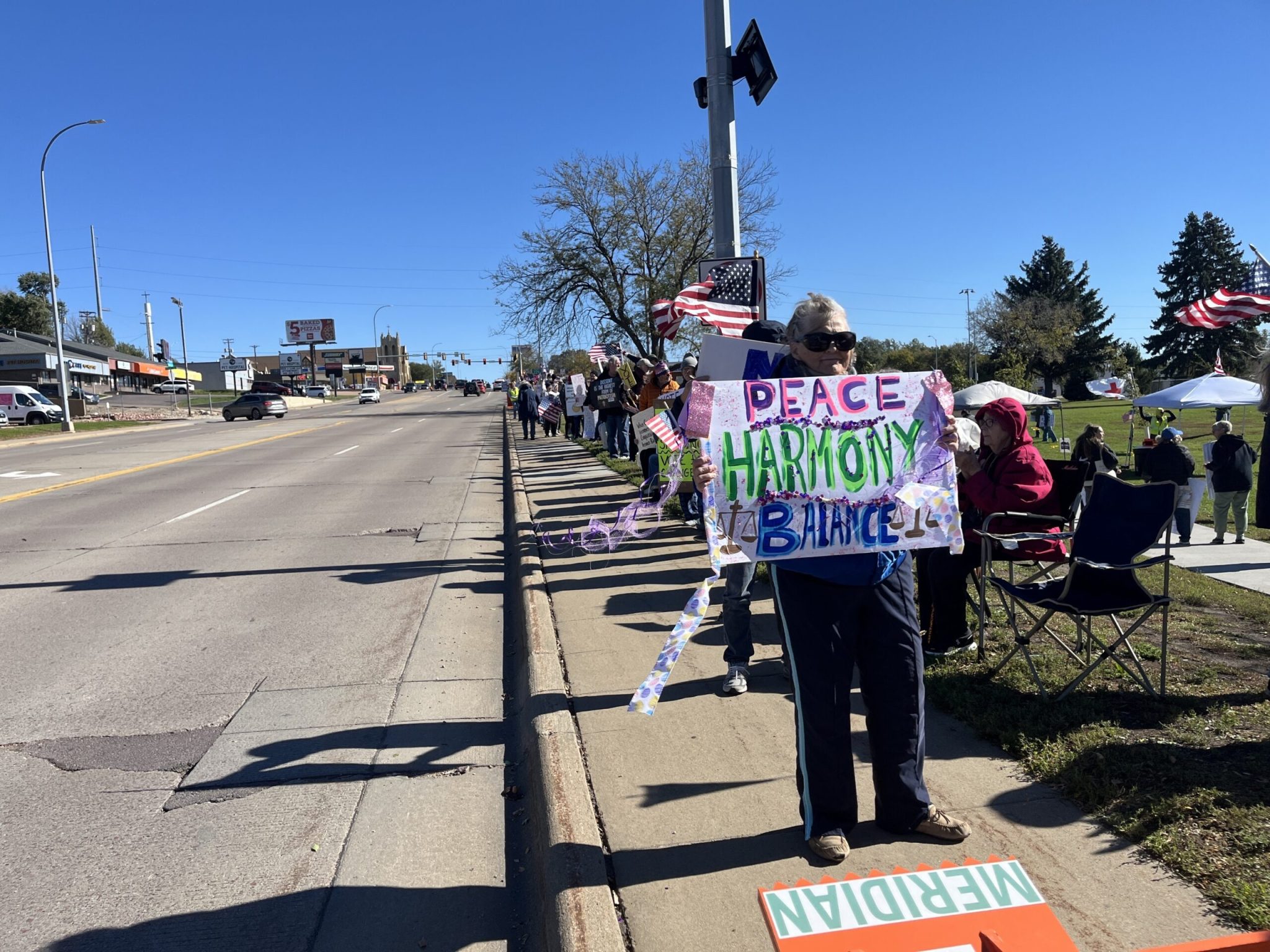 Diane Komsky, 67, lives in Lake Benton, Minnesota, but drove about an hour to the Sioux Falls No Kings protest on Oct. 17, 2026. She was motivated to attend by the “madness in the White House,