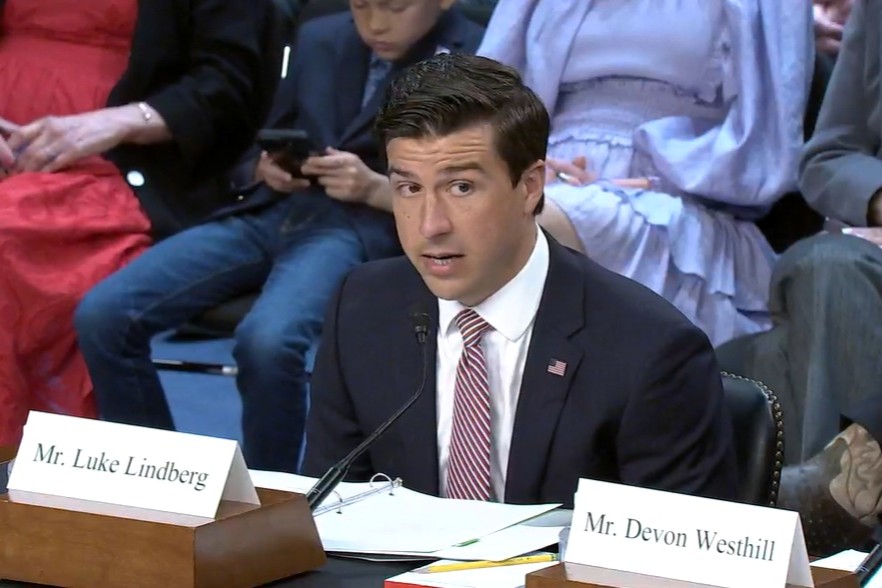 Luke Lindberg testifies to a U.S. Senate committee on April 29, 2025, during a hearing on his nomination to serve as undersecretary of agriculture for trade and foreign agricultural affairs. (Committee livestream screenshot)