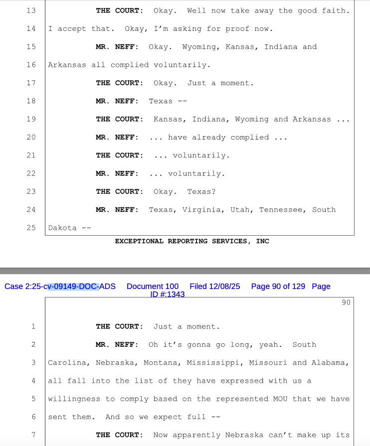 A transcript of a Dec. 4 federal court hearing showing Eric Neff, acting chief of the Justice Department’s Voting Section, listing states that he says are willing to comply with a request for voter data based on a proposed memorandum of understanding (MOU).