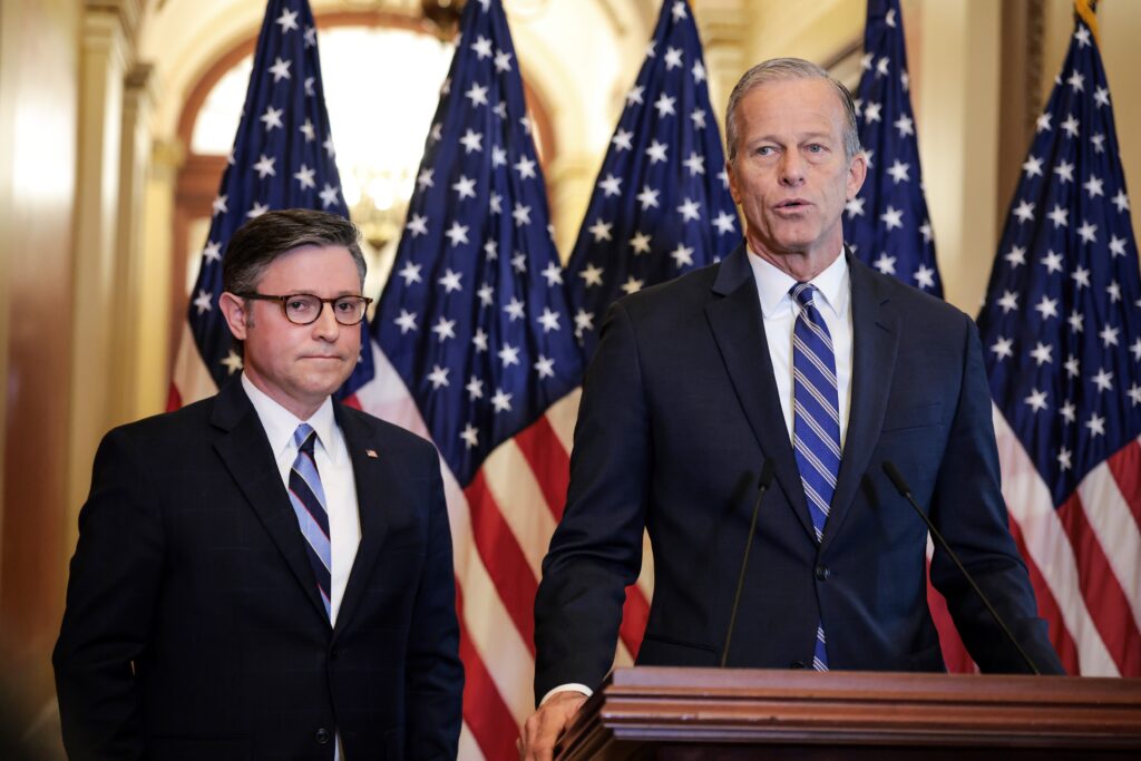 U.S. Senate Majority Leader John Thune, R-S.D., right, and Speaker of the House Mike Johnson, R-La., hold a press conference on the Republican budget bill at the U.S. Capitol on April 10, 2025 in Washington, D.C. (Photo by Kayla Bartkowski/Getty Images)