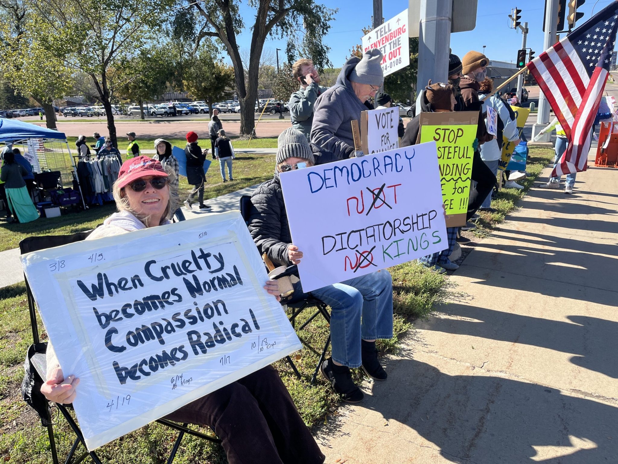While attending a No Kings demonstration on Oct. 17, 2026, in Sioux Falls, South Dakota, Frances Walker, 73, from Madison, said she had attended several previous No Kings events and has been “protesting since the Vietnam War.