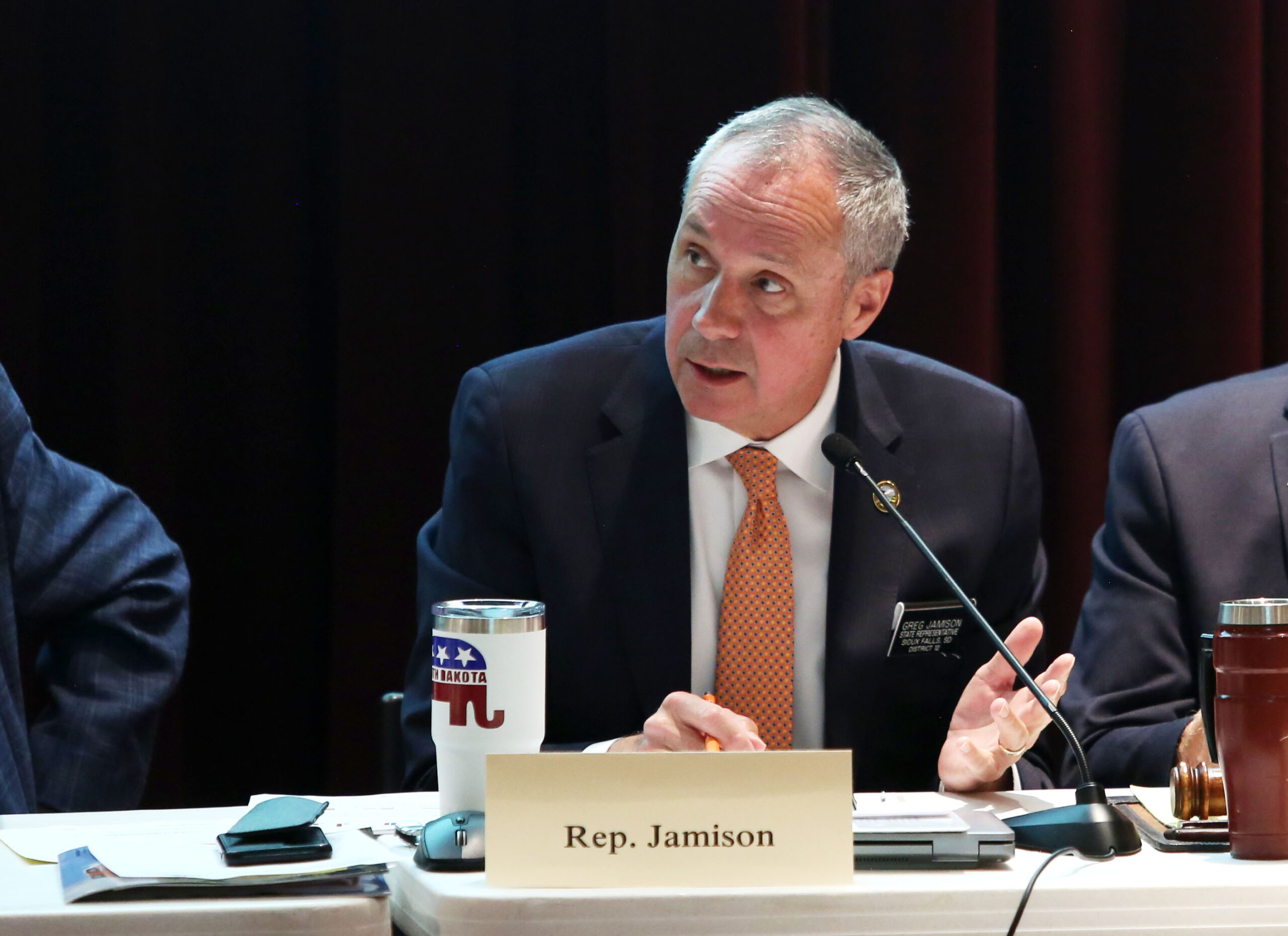 Rep. Greg Jamison, R-Sioux Falls, speaks at an Initial Incarceration, Reentry Analysis, and Comparison of Relevant States Interim Committee meeting in Sioux Falls on June 24, 2025. (Makenzie Huber/South Dakota Searchlight)