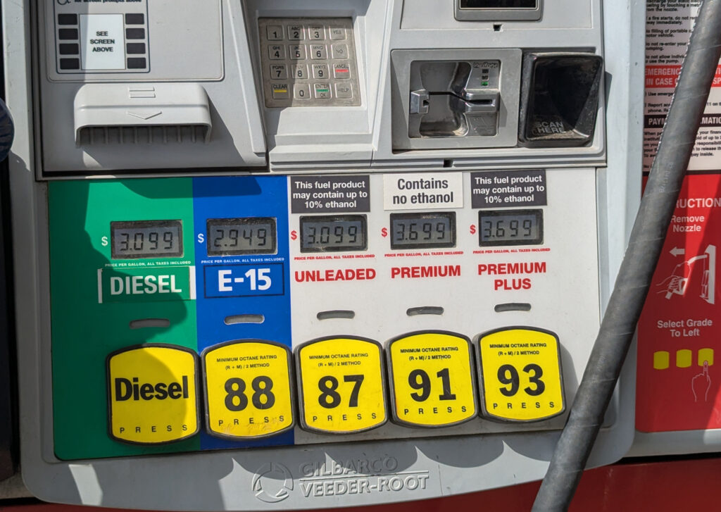 Fuel options at a central Sioux Falls gas station, as seen on Aug. 22, 2025. (John Hult/South Dakota Searchlight)