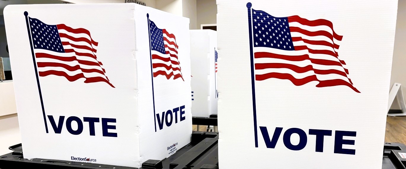 Booths await voters at the Pennington County Administration Building during early voting on Jan. 19, 2026, for a municipal election in Rapid City, South Dakota. (Photo by Seth Tupper/South Dakota Searchlight)
