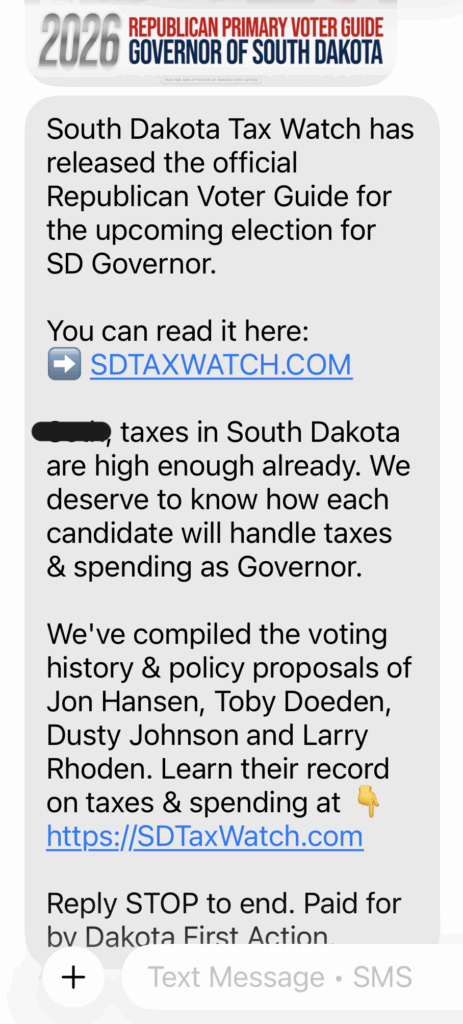 A text message sent to Republican voters directs them to the South Dakota Tax Watch webpage. (Screenshot by South Dakota Searchlight)