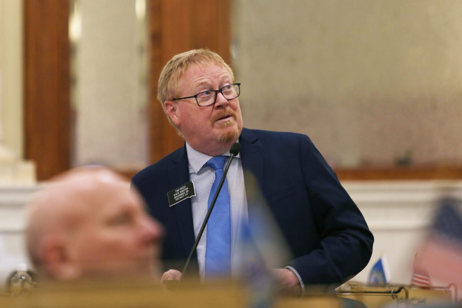 Sen. Tim Reed, R-Brookings, on the Senate floor during the 2024 legislative session. (Makenzie Huber/South Dakota Searchlight)