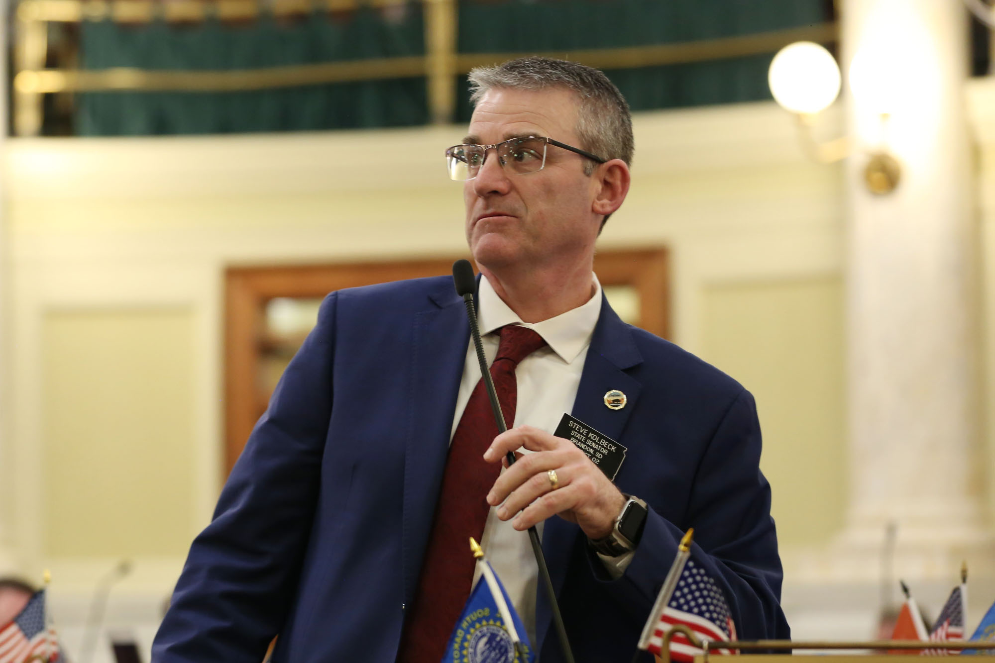 State Sen. Steve Kolbeck, R-Brandon, speaks on the Senate floor in Pierre on Feb. 11, 2026. (Photo by Makenzie Huber/South Dakota Searchlight)