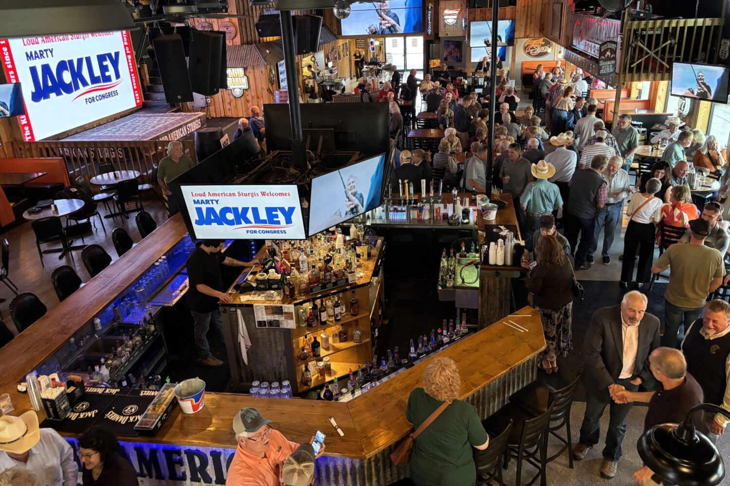 A crowd gathers for the launch of Republican Marty Jackley's U.S. House campaign on Sept. 9, 2025, at the Loud American in Sturgis. (Seth Tupper/South Dakota Searchlight)