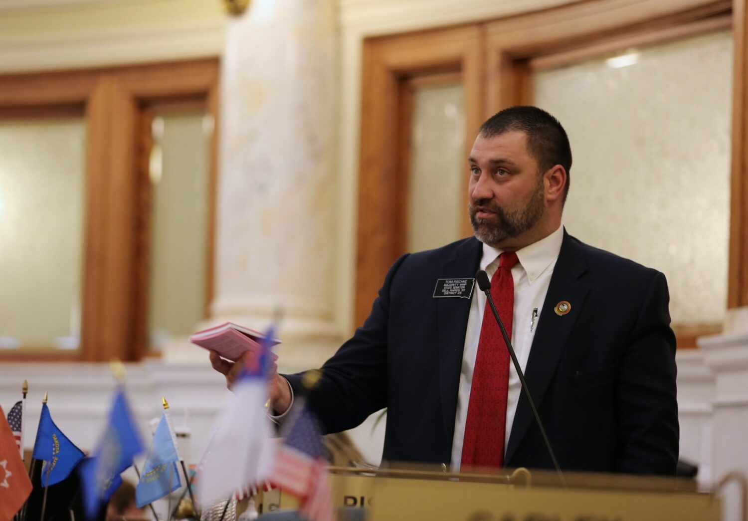 Sen. Tom Pischke, R-Dell Rapids, speaks on Feb. 24, 2026, in the South Dakota Senate at the Capitol in PIerre. (Photo by Joshua Haiar/South Dakota Searchlight)
