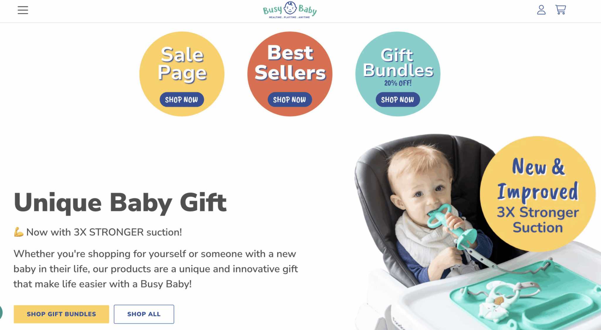 A screenshot of the Busy Baby website on Feb. 13, 2026. The Minnesota-based baby product company owned by Beth Benike sells most its products online. (Screenshot via busybabymat.com)