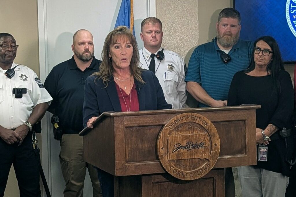 South Dakota Department of Corrections Secretary Kellie Wasko speaks to reporters on July 9, 2025. (John Hult/South Dakota Searchlight)