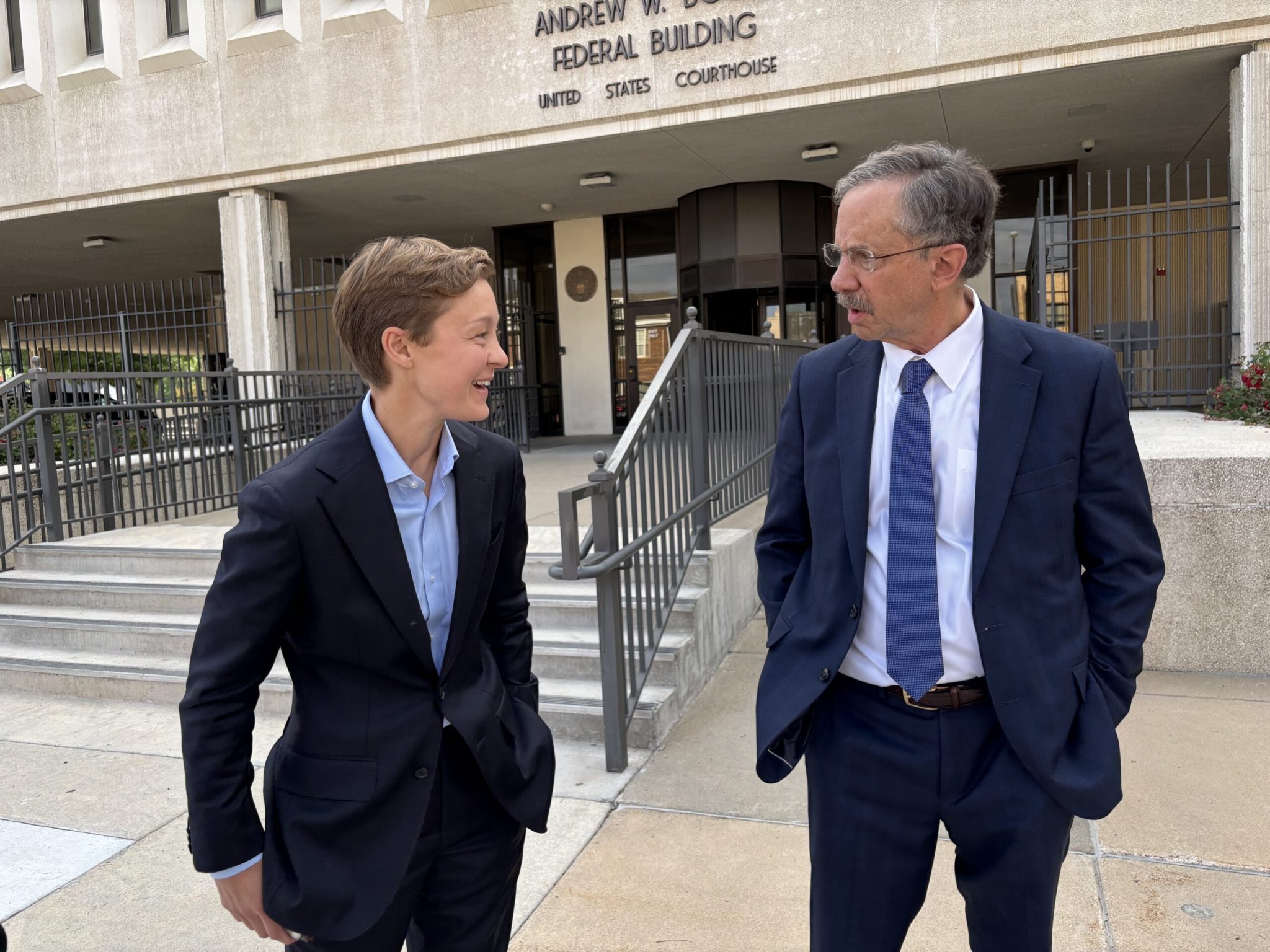 Mayday Health Executive Director Leo Raisner, left, and attorney for Mayday, Jim Leach, talk on June 23, 2026, outside the federal courthouse in Rapid City, South Dakota. (Photo by Seth Tupper/South Dakota Searchlight)