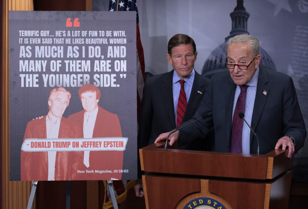 Senate Minority Leader Charles Schumer, D-N.Y., speaks during a news conference with Senate Homeland Security and Governmental Affairs Committee member Sen. Richard Blumenthal, D-Conn., demanding the release of the Epstein files at the U.S. Capitol on July 30, 2025 in Washington, D.C. (Photo by Chip Somodevilla/Getty Images)