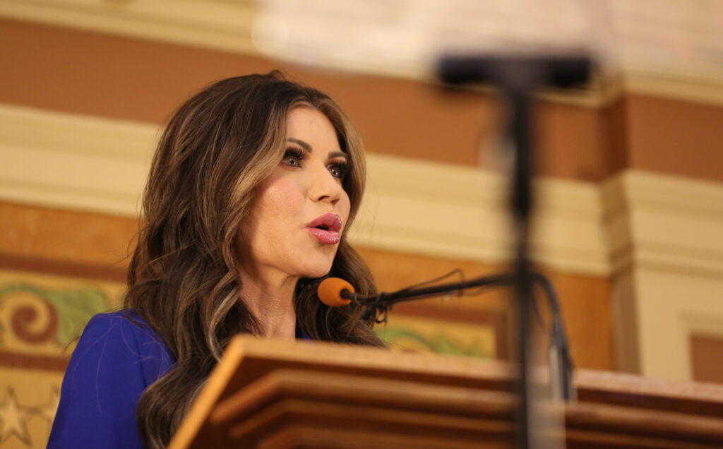 South Dakota Gov. Kristi Noem delivers her 2025 State of the State address to lawmakers at the Capitol in Pierre on Jan. 14, 2025. (Joshua Haiar/South Dakota Searchlight)