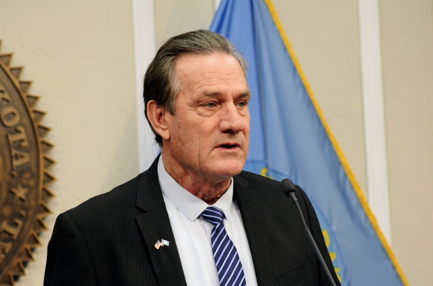 South Dakota Gov. Larry Rhoden speaks to the media on Feb. 5, 2026, at the state Capitol in Pierre. (Photo by Seth Tupper/South Dakota Searchlight)