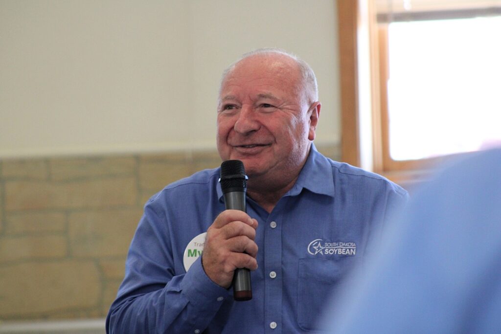 Jerry Schmitz, executive director of the South Dakota Soybean Association and South Dakota Soybean Checkoff, participates in a roundtable discussion hosted by Farmers for Free Trade on Sept. 6, 2025, at the Central States Fairgrounds in Rapid City. (Seth Tupper/South Dakota Searchlight)