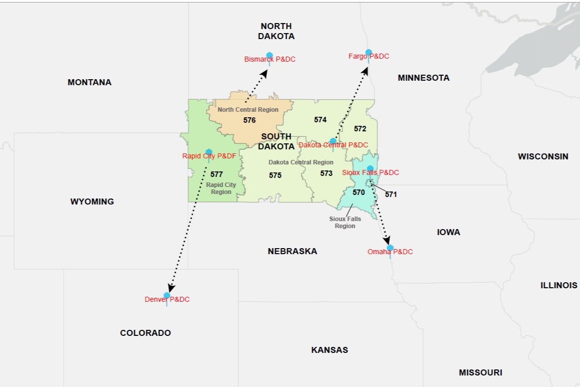 A map shows where mail in South Dakota has gone for out-of-state processing since the Postal Service consolidated regional processing and distribution centers. (Courtesy of Postal Service Office of Inspector General)