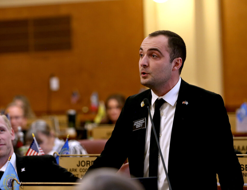 Rep. Logan Manhart, R-Aberdeen, speaks in the South Dakota House of Representatives on Feb. 21, 2025, at the state Capitol in Pierre. (John Hult/South Dakota Searchlight)