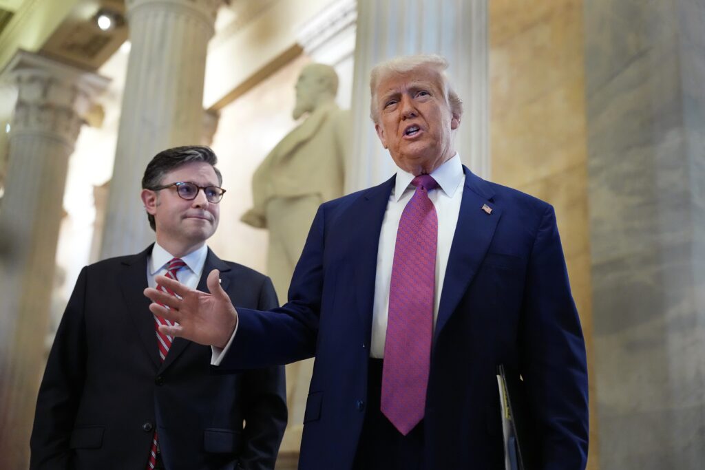President Donald Trump arrives with Speaker of the House Mike Johnson, R-La., for a House Republican meeting at the U.S. Capitol on May 20, 2025 in Washington, D.C. (Photo by Kevin Dietsch/Getty Images)
