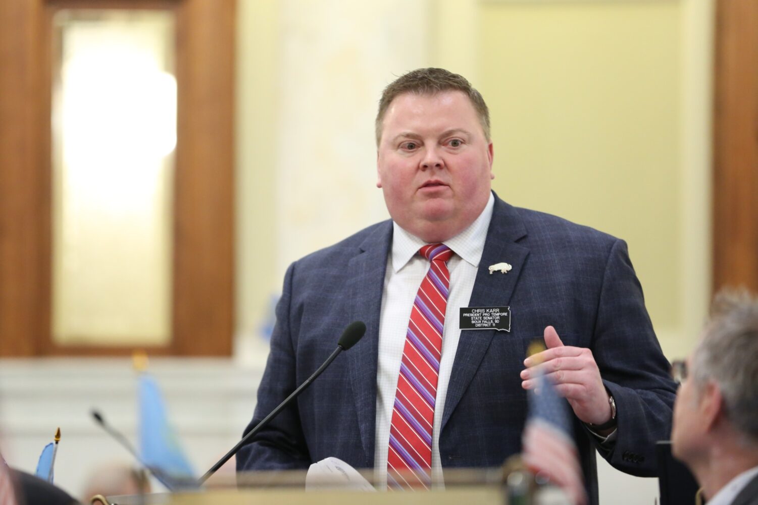 Sen. Chris Karr, R-Sioux Falls, speaks on the Senate floor on March 6, 2025. (Makenzie Huber/South Dakota Searchlight)