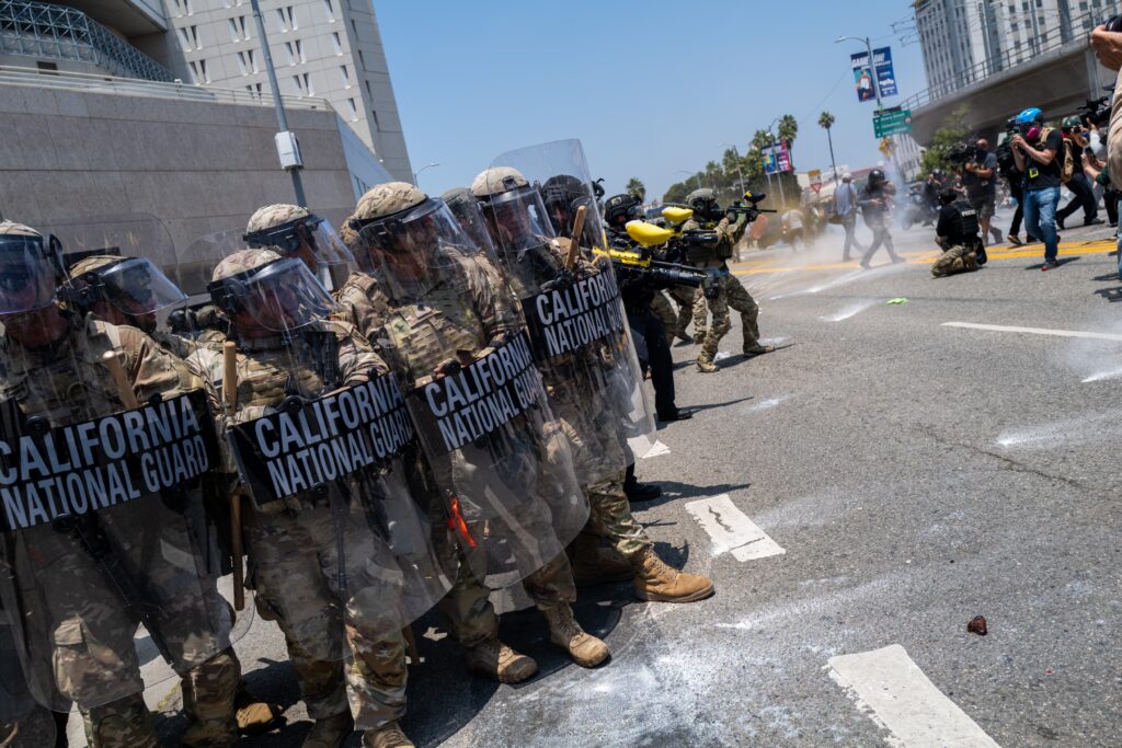 Demonstrators protest outside a downtown jail in Los Angeles following two days of clashes with police during a series of immigration raids on June 8, 2025 in Los Angeles, California. (Photo by Spencer Platt/Getty Images)