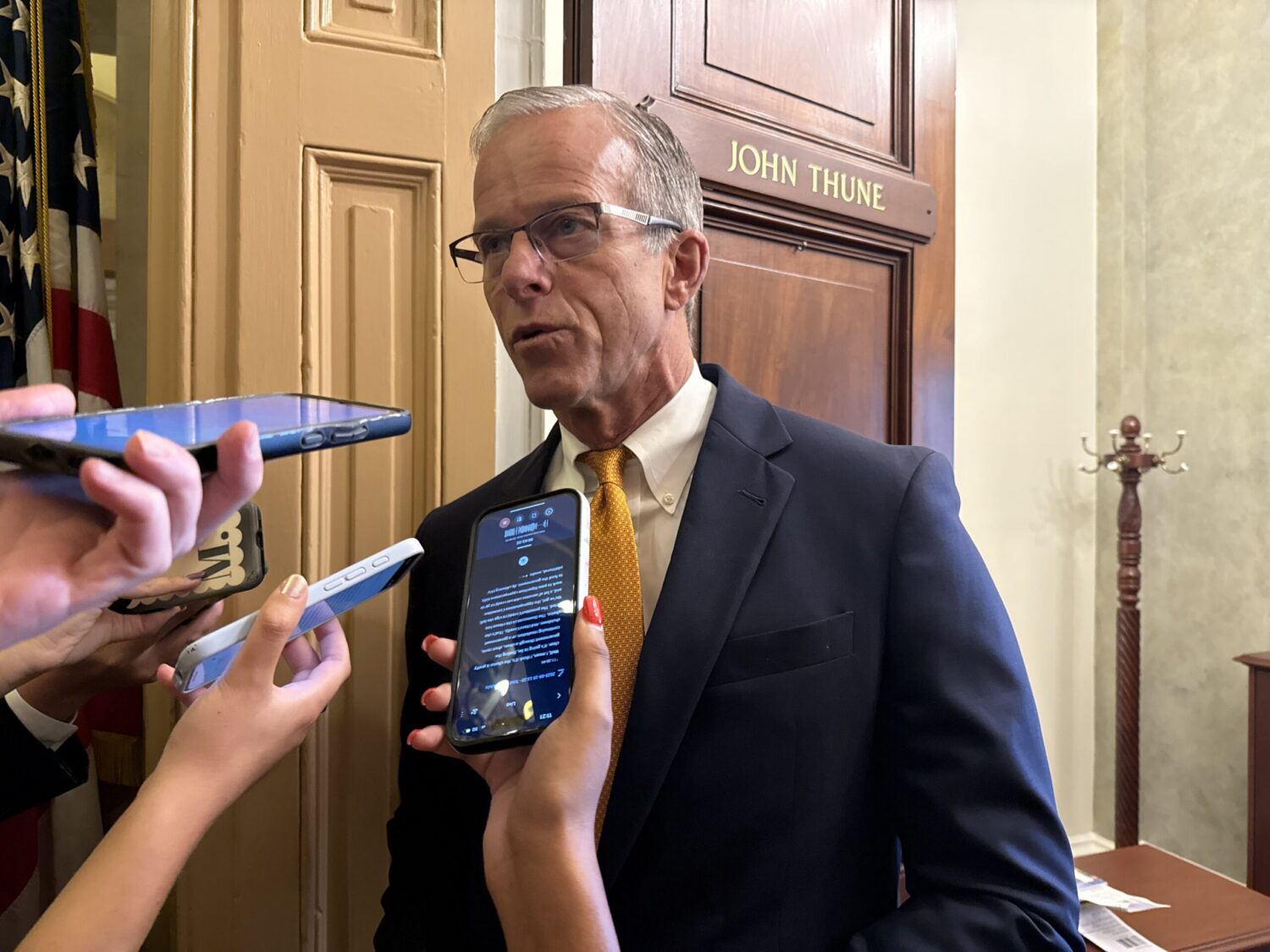 U.S. Senate Majority Leader John Thune, R-S.D., speaks with reporters on Capitol Hill on Sept. 19, 2025. (Photo by Jennifer Shutt/States Newsroom)