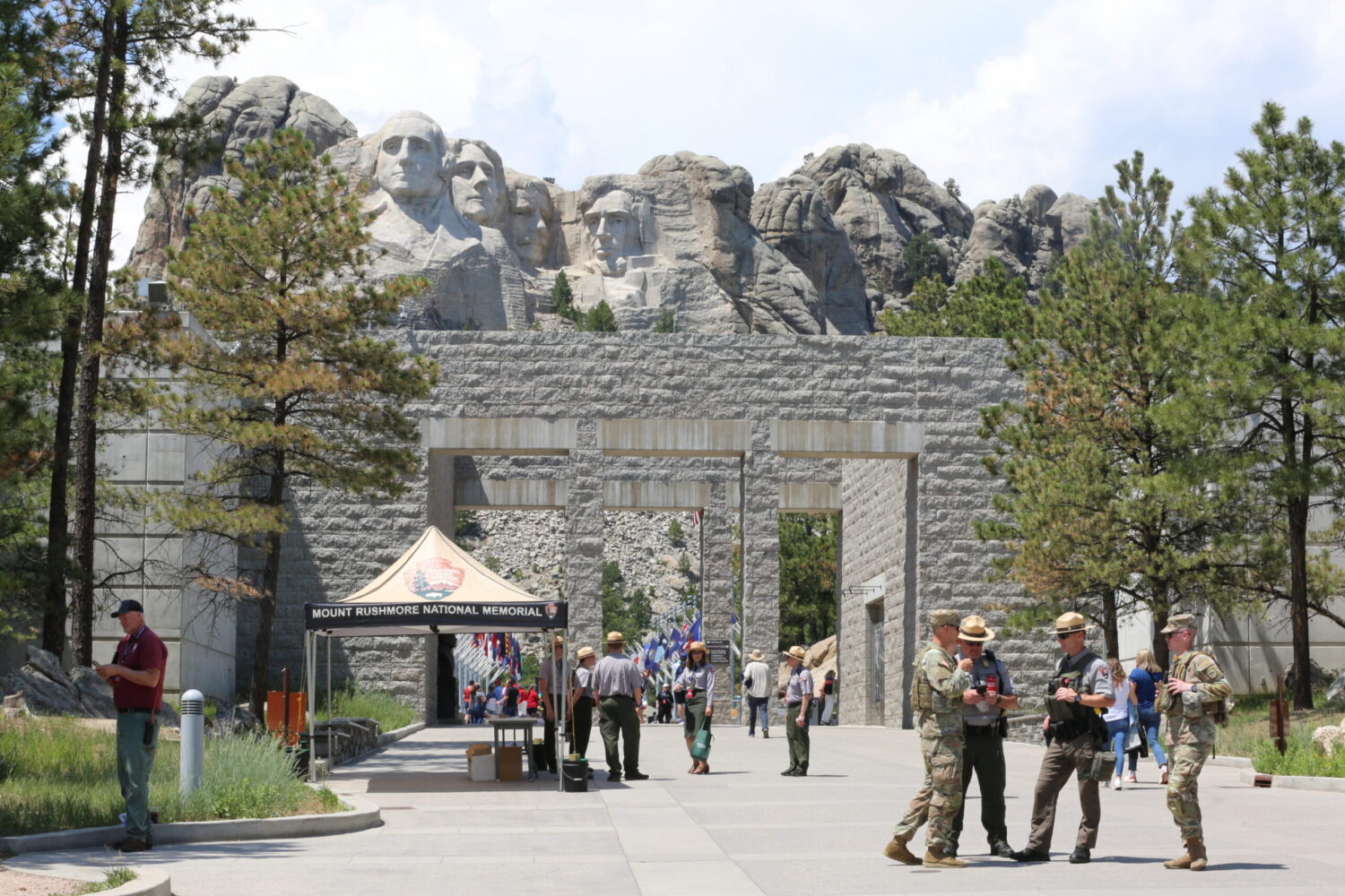 Park rangers and military personnel monitor walkways during South Dakota’s Freedom 250 Mount Rushmore Fireworks Celebration on July 3, 2026. (Photo by Meghan O'Brien/South Dakota Searchlight)