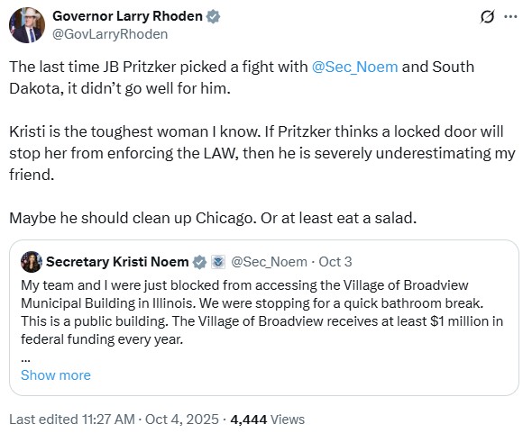 This screenshot taken on Oct. 6, 2025, shows an Oct. 4 post to Gov. Larry Rhoden's account on X (formerly Twitter).