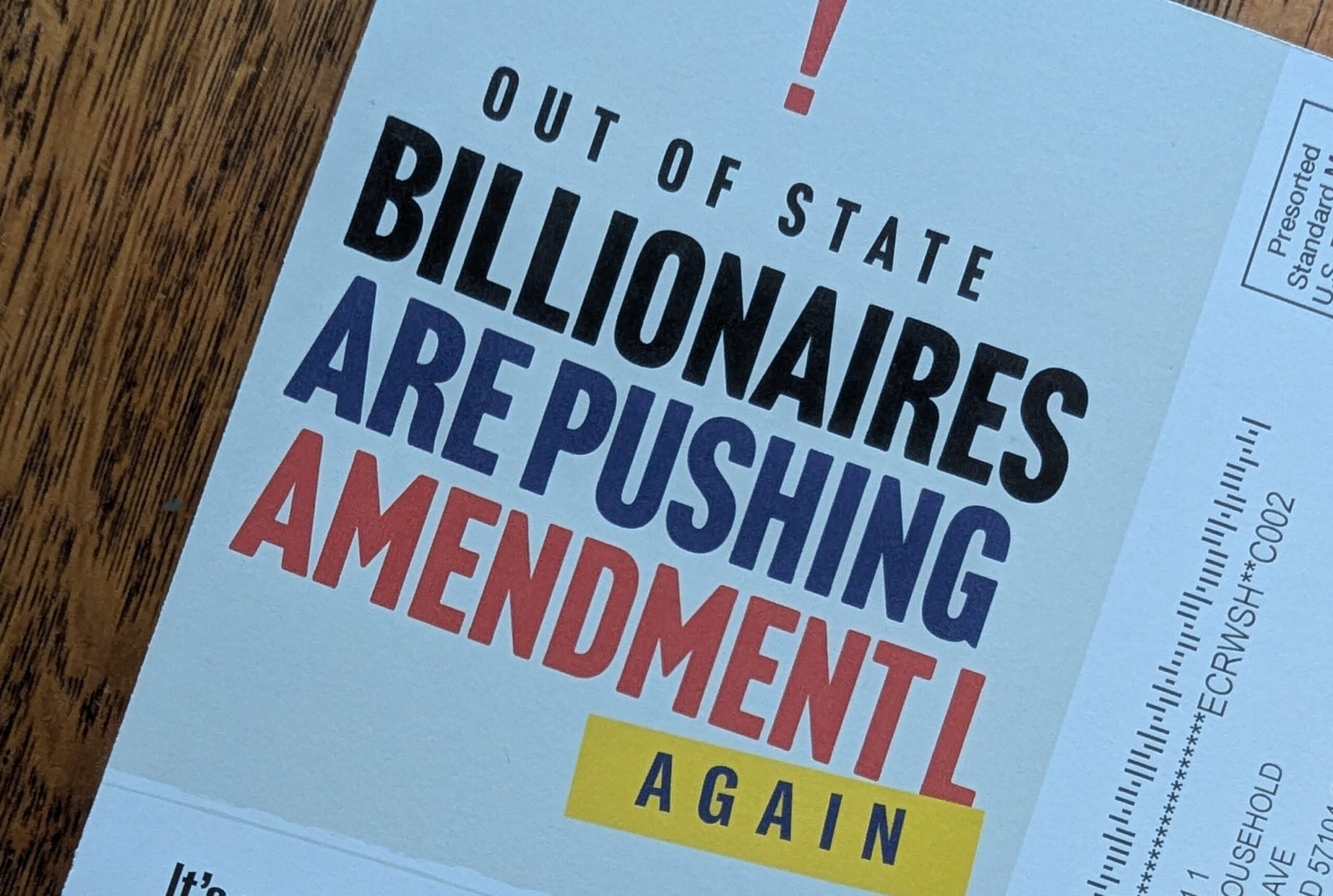 Mailed campaign materials from L-No, a South Dakota ballot question committee formed to opposed a measure that would require 60% voter approval to change the state constitution. (John Hult/South Dakota Searchlight)